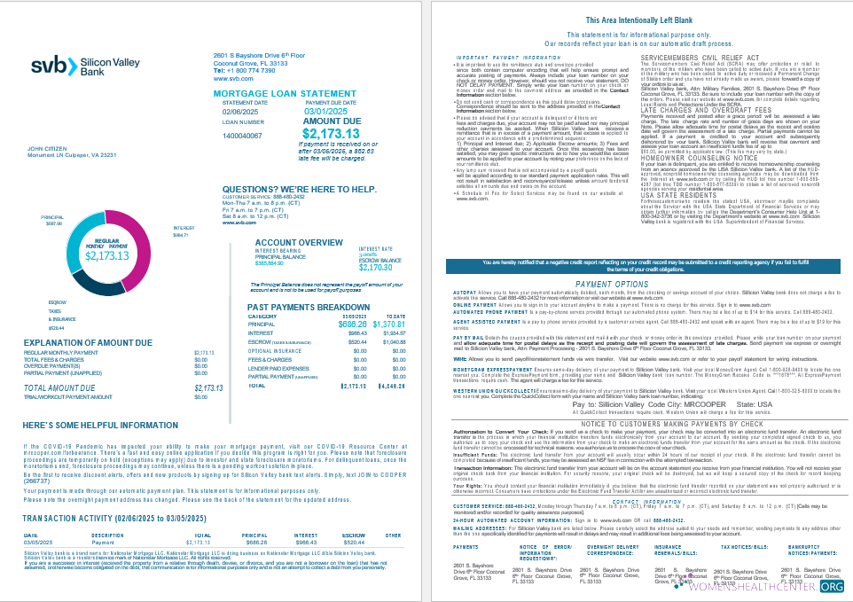 USA Florida Silicon Valley bank mortgage loan statement in Word and PDF formats , 4 pages 1 2